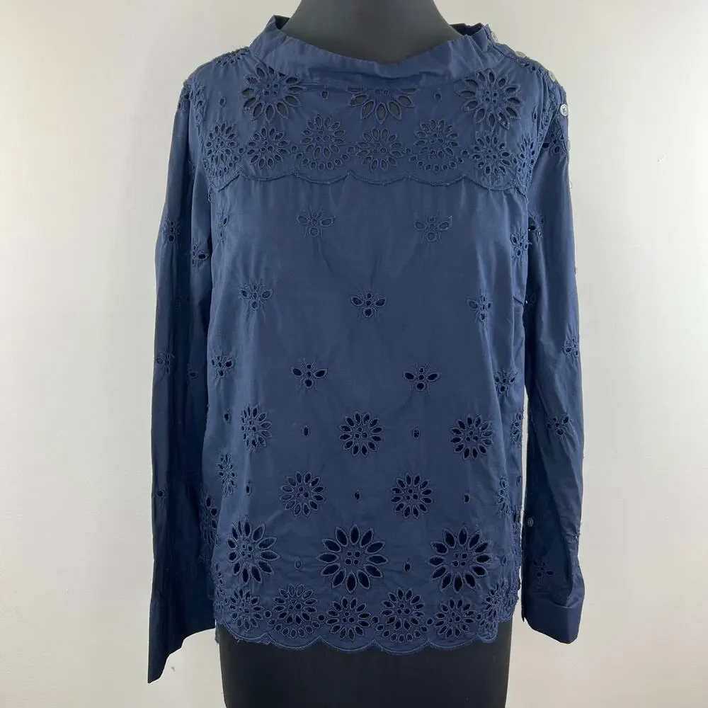 J Crew Navy Blue Eyelet FunnelNeck Mock Collar Cotton Long Sleeve Blouse Sz 12P